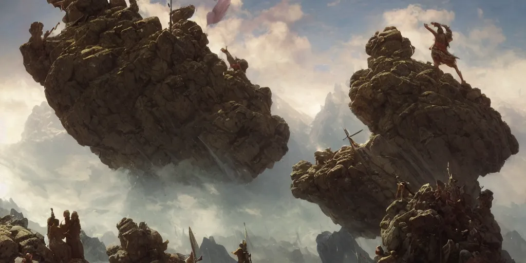 Image similar to barbarians, norse gods, fighting epic battle on rocks floating in the sky, celestial fortress in the clouds, thunder, good composition, artstation, 4 k illustration sharp focus cloceup sunlit painted by ruan jia raymond swanland lawrence alma tadema zdzislaw beksinski norman rockwell tom lovell alex malveda greg staples