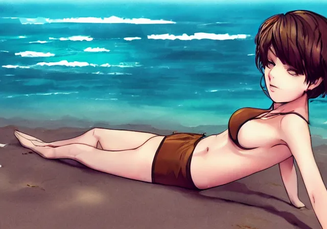 Image similar to A girl with short brown hair, wearing a swimsuit, laying on the beach drawn by WLOP, by Avetetsuya Studios, attractive character, colored sketch anime manga panel, trending on Artstation