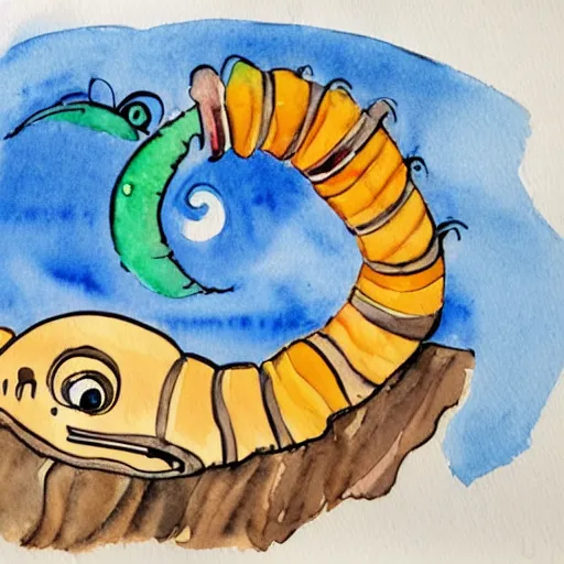 Image similar to smiley worm in the style of moonshadow, jon j. muth, watercolor