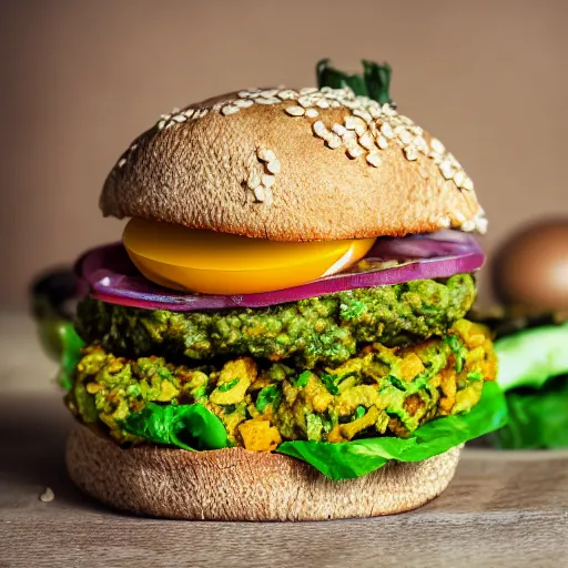 Image similar to vegan hamburger with guacamole and crispy fried onion and fried egg toppings, crispy buns, 8 k resolution, studio lighting, sharp focus, hyper - detailed