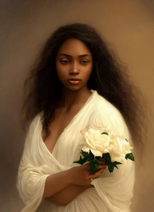 Image similar to oil painting close up portrait of a contemplative young black woman with long dark flowing hair in a white dress, surrounded by white roses!! at sunset, hazy, digital art, chiaroscuro, artstation, cinematic, golden hour, digital art painting by greg rutkowski, william - adolphe bouguereau, hazy atmosphere, cinematic lighting