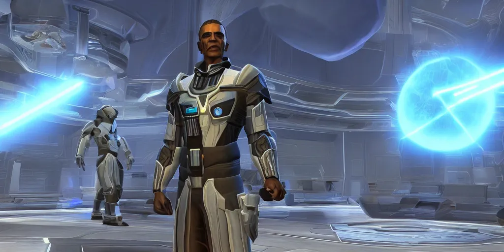 Image similar to screenshot of obama in swtor, facial features, clear eyes, heroengine, 4 k