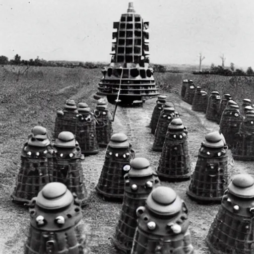 Prompt: a wwii photograph of a dalek brigade