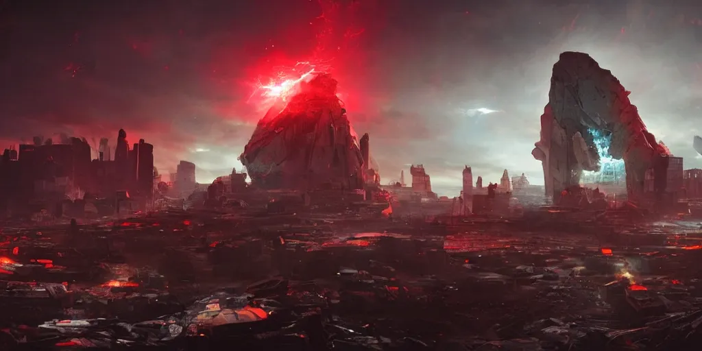 Image similar to a huge towering and broken stone tablet with red light + alien pattern + an abandoned spaceship, stands in the center of a prosperous city at the end of the world, and the power and energy is explode, secret, mysterious, doomsday, landscape, video game control, quantum break, arknights,