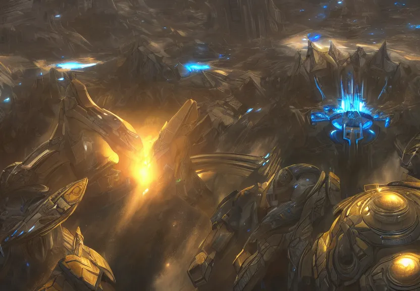 Image similar to protoss spaceship hovering above protoss city beautiful art uhd 4 k, artstation, hdr, 4 k, incredible detail, cinematic lighting, unreal engine 5