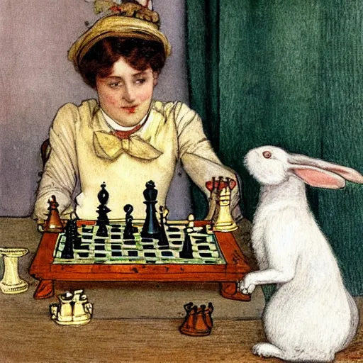 Prompt: a young edwardian woman playing chess against a rabbit, in the style of Carl Larsson