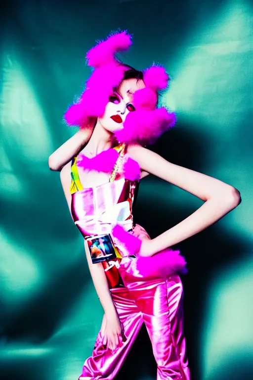 Prompt: realistic photoshooting for crazy fashion catwalk, couture, bright colors, vhs colour photography, fashion photography, vogue, 8 0 mm lens, 1. 2 aperture, cinematic light