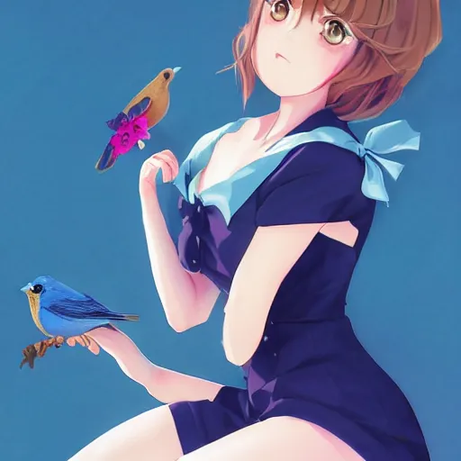 Image similar to colored pencil, anime art, beautiful full body female pinup girl, she is holding an indigo bunting bird, in her hand, the bird is wearing a bowtie, wlop, rossdraws sakimimichan, ilya kuvshinov, krenz cushart, greg rutkowski