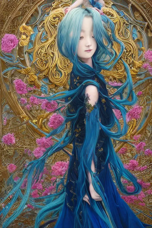 Prompt: breathtaking detailed painting by pilyeon and yuumei art of a full shot queen with long flowing bright blue hair, long dress and pastel flowers petals and golden tumultuous clouds, symmetrical facial features, at dawn in front of a pristine golden art nouveau cathedral, elegant, volumetric lighting, highly detailed, artstation, concept art, matte, sharp focus,