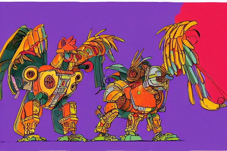 Prompt: illustration of a heavily armoured mechanical rooster by studio ghibli, ominous, livid colors, colorful