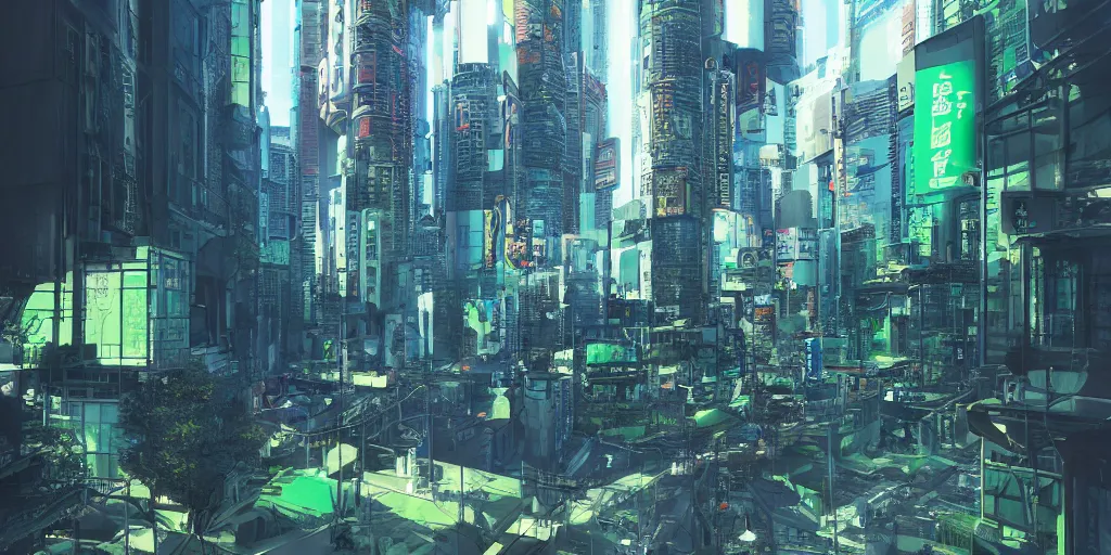 Prompt: neo brutralism, futuristic architectural art of Tokyo in 2049, colorful, hyperrealistic, octane render, 8k, realistic depth, 3D feeling, sunlight, shadows, reflections, romanticism, wallpaper, dark blue and green tones, uplight, in the style of Akihiko Yoshida
