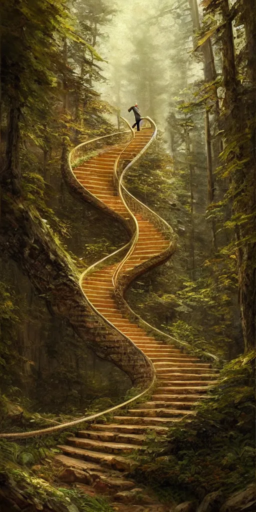 Image similar to a man walking up a steep and winding staircase, in beautiful woods, intricate, elegant, highly detailed, oil painting, artstation, concept art, sharp focus, beautiful illustration, society, by justin gerard and artgerm, 4 k