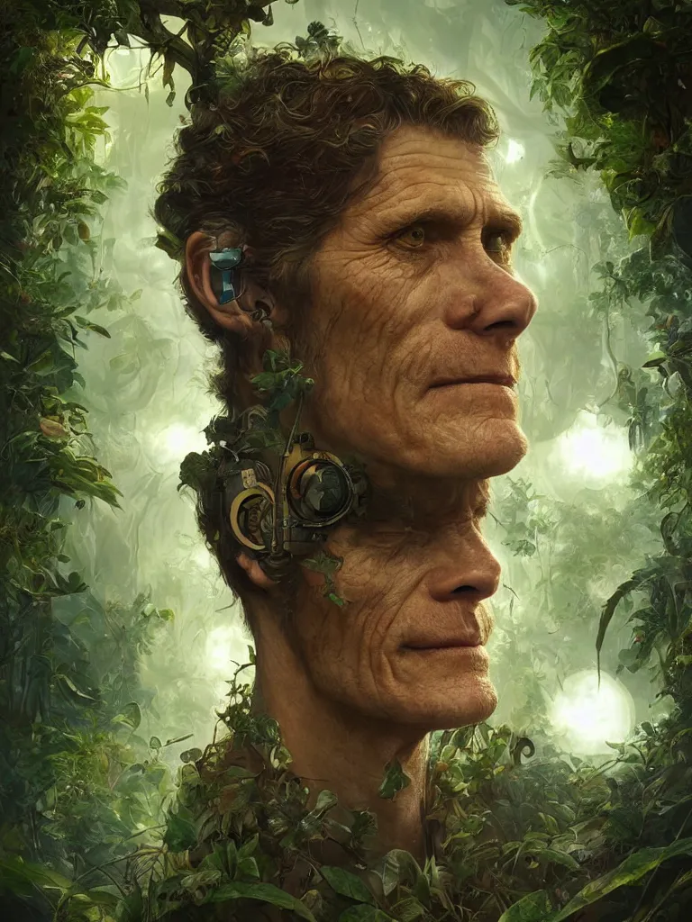 Image similar to a hyperrealistic solarpunk portrait of a Willem Dafoe lookalike, in a steaming jungle with fractal sunlight, award-winning, masterpiece, in the style of Tom Bagshaw, Cedric Peyravernay, Peter Mohrbacher