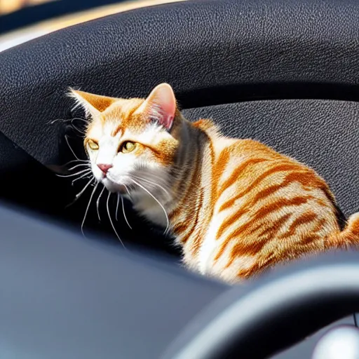 Prompt: cat sitting in driver seat of a cabriolet, paws resting on top of steering wheel, golden hour, top view