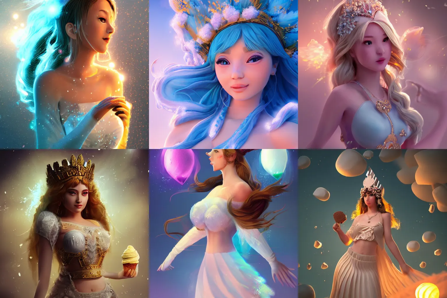 Prompt: a beautiful female goddess of ice creams character, character is in all its glory, character is centered on the image, character is in her natural relaxed pose, rim lights, particles and dust in the air, fancy clouds, highly detailed professional photo, dynamic lights, particles are flying, depth of field, trending on artstation, illustration, hyper realistic, vray caustics, super detailed, colorful accents, cinematic shot