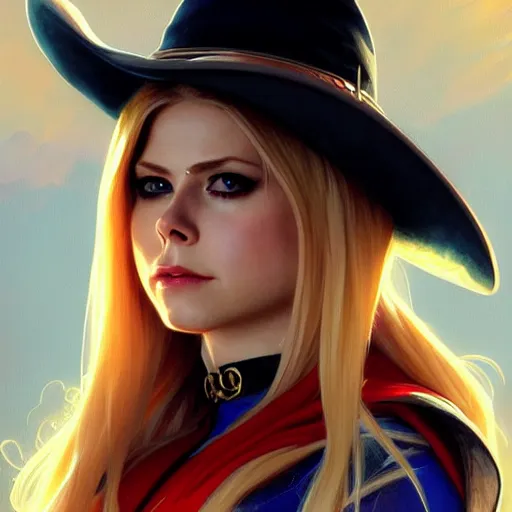 Image similar to beautiful Avril Lavigne as Super Girl, western, closeup, D&D, fantasy, intricate, elegant, highly detailed, digital painting, artstation, concept art, matte, sharp focus, illustration, art by Artgerm and Greg Rutkowski and Alphonse Mucha