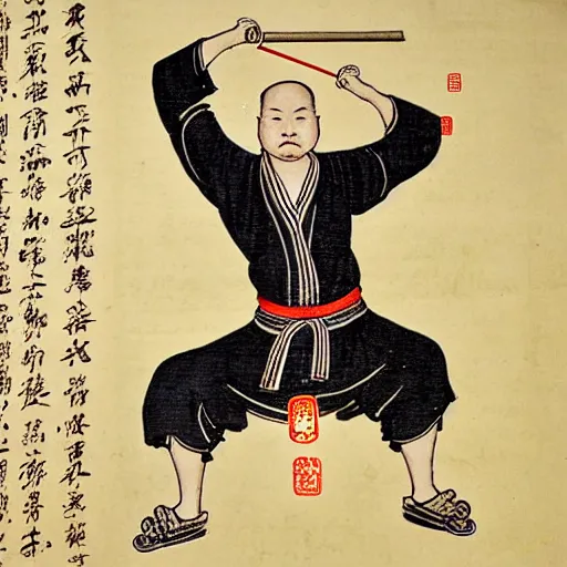 Prompt: yi jin jing posture in huang di nei jing chinese medical kung fu diagram, old manuscript, ancient information, many kung fu illustrations