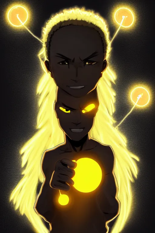 Image similar to glowing black male anime character, golden hair, yellow eyes, symmetrical, highly detailed, digital art, sharp focus, trending on art station, crazy hair, electricity superpowers, anime art style