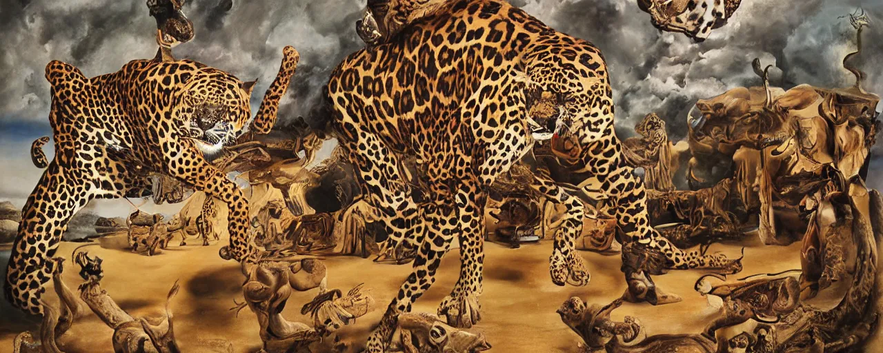 Image similar to an intricated and detailed painting of a shaman turning into a jaguar by salvador dali 4 k render