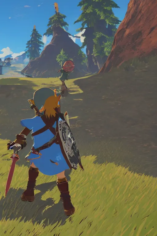 Image similar to in game footage of link from the legend of zelda breath of the wild activating magnesis, breath of the wild art style.