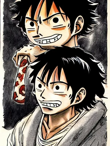 Image similar to [ luffy mustache ] ( by kim jung gi ) ( by kentaro miura )