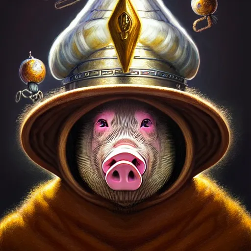 Image similar to rpg! profile!!! portrait of humanoid pig on white background, wizard hat, wizard cloak, surreal, vintage doll, intricate, highly detailed, digital painting, artstation, concept art, smooth, sharp focus, illustration, art by norman rockwell emiliano ponzi andrey remnev yoann lossel aaron jasinski, 8 k