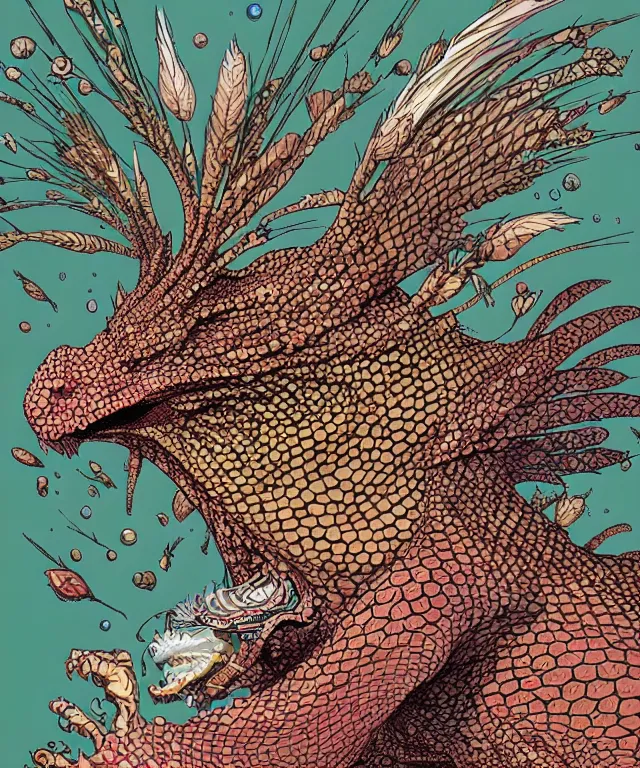 Image similar to a creature covered in scales and feathers spitting acid, fantasy, elegant, digital painting, artstation, concept art, matte, sharp focus, illustration, art by geof darrow