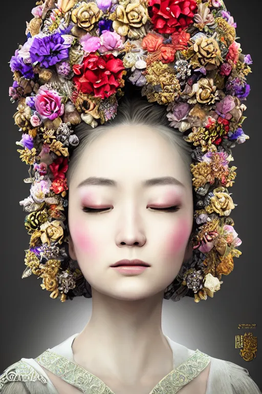 Image similar to a beautiful empress portrait, with a brilliant, impossible striking big flower headpiece, clothes entirely made out of flowers, symmetrical, dramatic studio lighting, rococo, baroque, jewels, asian, hyperrealism, closeup, D&D, fantasy, intricate, elegant, highly detailed, digital painting, artstation, octane render, 8k, concept art, matte, sharp focus, illustration, art by Artgerm and Greg Rutkowski and Alphonse Mucha