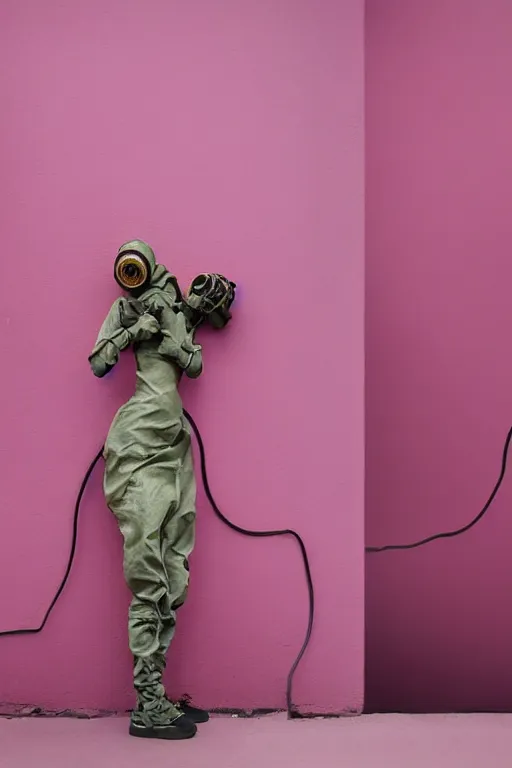 Image similar to a surreal portrait of intertwined and contorted figures wearing gas mask next to a pink wall in the style of brooke didonato, editorial fashion photography from vogue magazine, full shot, nikon d 8 1 0, ƒ / 2. 5, focal length : 8 5. 0 mm, exposure time : 1 / 8 0 0, iso : 2 0 0