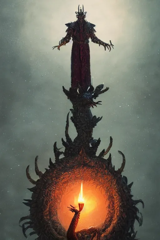 Image similar to a humanoid dragon king stands inside a magical circle by greg rutkowski, magic realism, hyper realistic, 2 0 0 mm lens, candlelight