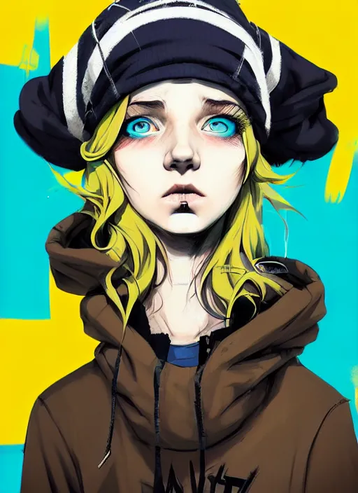 Image similar to highly detailed portrait of a sewer punk lady student, blue eyes, tartan hoody, hat, white hair by atey ghailan, by greg tocchini, by kaethe butcher, by alex horley, gradient yellow, black, brown and cyan color scheme, grunge aesthetic!!! ( ( graffiti tag wall flat colour background ) )