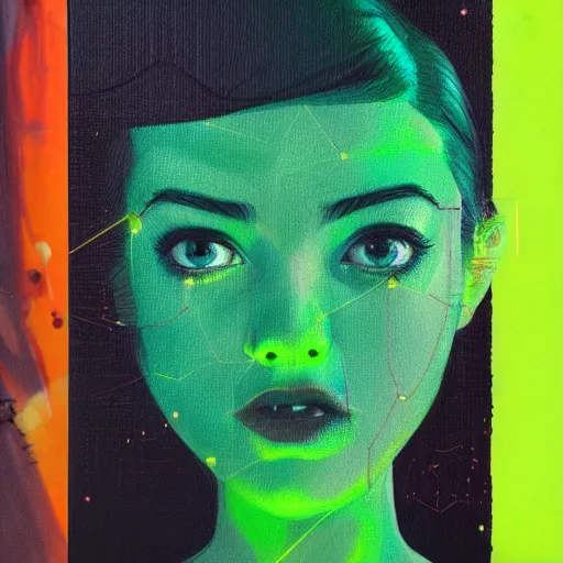 Prompt: Elle Fanning in glowing green radiation picture by Sachin Teng, asymmetrical, dark vibes, Realistic Painting , Organic painting, Matte Painting, geometric shapes, hard edges, graffiti, street art:2 by Sachin Teng:4