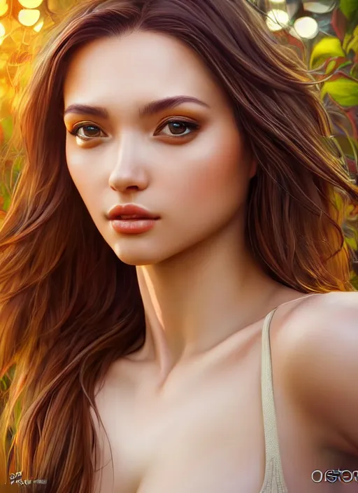 Image similar to photo of a gorgeous female in the style of stefan kostic, realistic, half body shot, sharp focus, 8 k high definition, insanely detailed, intricate, elegant, art by stanley lau and artgerm, extreme bokeh foliage