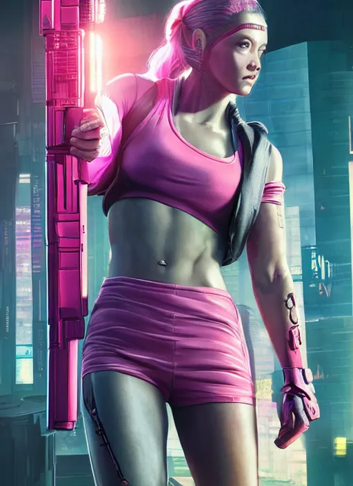 Prompt: beautiful cyberpunk female athlete wearing pink athletic gear. firing a futuristic red automatic pistol with huge magazine. ad for pistol. cyberpunk poster by james gurney, azamat khairov, and alphonso mucha. artstationhq. gorgeous face. painting with vivid color, cell shading. ( rb 6 s, cyberpunk 2 0 7 7 )