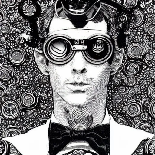 Prompt: a eccentric cybergoth guy wearing goggles and eclectic jewelry, small details, aesthetic!!!, by virgil finlay, by moebius,