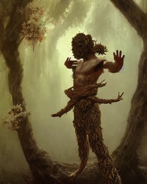 Prompt: person made of tree, bark for skin, leaf hair, covered in flowers, martial arts pose fantasy character portrait, japanese dojo in background, full body, greg rutkowski, gaston bussiere