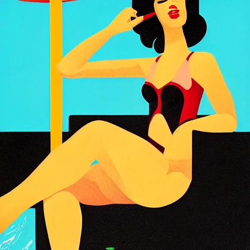 Image similar to a painting of a woman in a bathing suit sitting on a boat, an art deco painting by tom whalen, trending on behance, art deco, digital illustration, storybook illustration, art deco, flat shading, vector art, airbrush