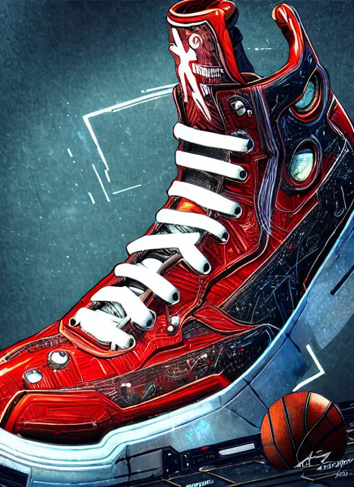 Prompt: an anthropomorphic cyberpunk basketball sneaker of thor by sandra chevrier,, cybernetics, 4 k realistic, fender stratocaster, cryengine, realistic shaded lighting, sharp focus, masterpiece, by enki bilal