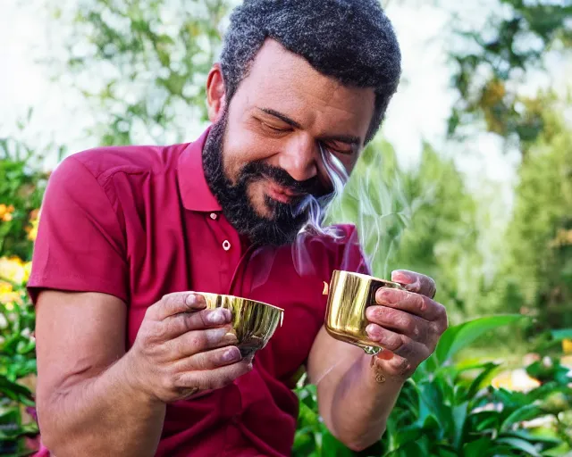 Image similar to mr robert is drinking fresh tea, smoke pot and meditate in a garden from spiral mug, detailed smiled face, muscular hands, golden hour closeup photo, red elegant shirt, eyes wide open