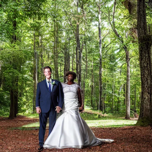 Prompt: Portrait of Brian Kemp and Stacey Abrams as groom and bride on their wedding day. (Sony a7R IV, symmetric balance, polarizing filter, Photolab, Lightroom, 8K, Dolby Vision, Photography Award)