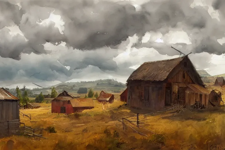 Prompt: paint brush strokes, abstract watercolor painting of american frontier western viking town, straw roof, approaching storm, cinematic light, american romanticism by hans dahl, by jesper ejsing, by anders zorn, by greg rutkowski, by greg manchess, by tyler edlin