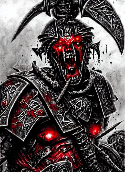 Image similar to berserker of khorne, blood warrior, evil, bloody axe, screaming, insanity, anger, psychopath, intricate, bloody runes, runes, bottom up lighting, warhammer, warhammer 4 0 k, highly detailed, digital painting, concept art, sharp focus, illustration, psychedelic, grim dark, moody, gloomy, art by john blanche