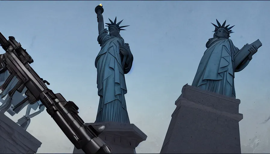 Prompt: Statue of the Liberty with a shotgun, hyperdetailed, artstation, cgsociety, 8k