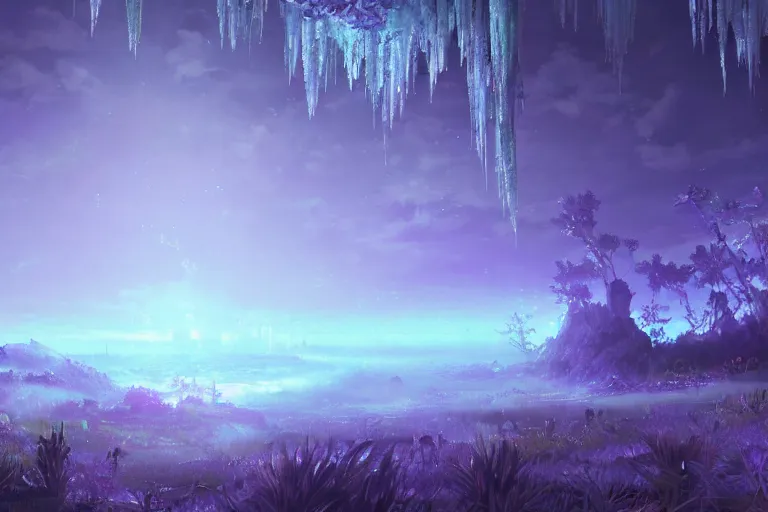 Image similar to scenery artwork, scene beautiful, light essence bioluminescent acrylic and cold nier automata pixiv scenery artwork : nature dream wire vegetation magic density infinite, hypersigil astrology macro seminal dream points of frozen imaginative vaporwave juice fluid dream scenery, high quality astral projection renders, nier automata, concept art