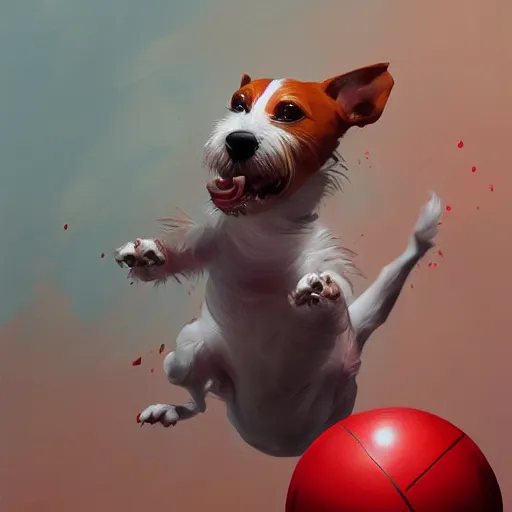 Prompt: adorable jack russel terrier jumping over a red exercise ball, fantasy art, artstation character design contest winner, trending on cgsociety, concept art, speedpaint, beautiful digital art, jesper ejsing, james jean, justin gerard, fenghua zhong, makoto shinkai, highly detailed