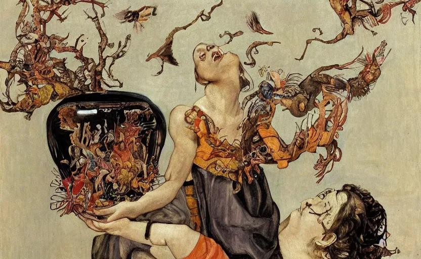 Prompt: a painting of pandora opening her jar, releasing monsters and critters that impersonate sickness and death, misery, she is fully dressed, in the style of realism and a masterpiece by artemisia gentileschi and egon schiele, the face is painted by artemisia gentileschi and james jean, critters flying around, the jar is clearly visible