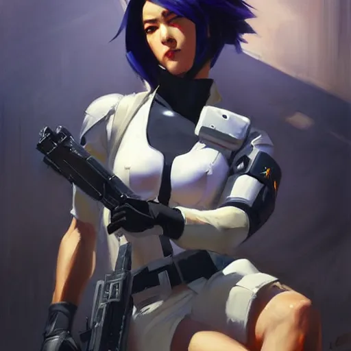 Image similar to greg manchess portrait painting of major kusanagi as overwatch character, medium shot, asymmetrical, profile picture, organic painting, sunny day, matte painting, bold shapes, hard edges, street art, trending on artstation, by huang guangjian and gil elvgren and sachin teng