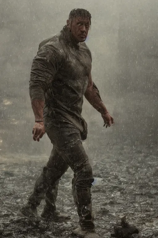 Image similar to An epic cinematic film still of Dwayne Johnson in the movie Blade Runner: 2049.