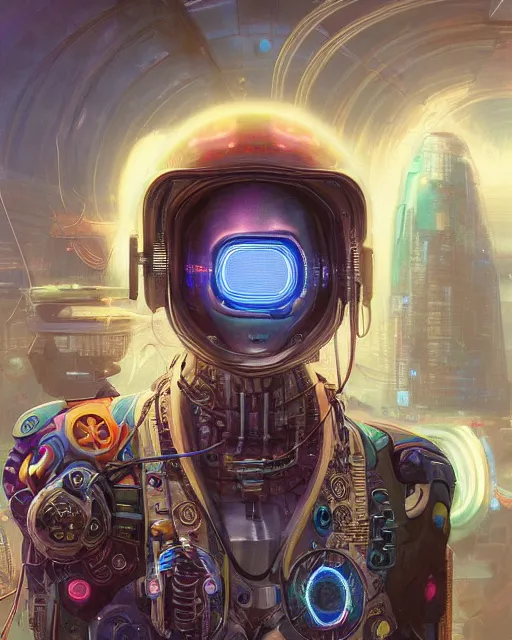 Image similar to a futuristic hippie wearing tie - dye and cybernetic - implants | cyberpunk art | highly detailed | very intricate | symmetrical | cinematic lighting | award - winning | closeup portrait | painted by donato giancola and mandy jurgens and rossdraws and rhads | featured on artstation