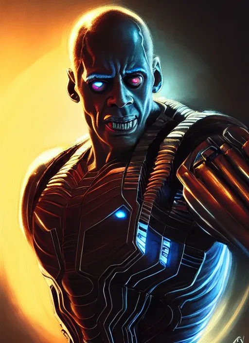 Image similar to nicolas cage as marvel's deathlok, intricate, elegant, glowing lights, highly detailed, digital painting, artstation, glamor pose, concept art, smooth, sharp focus, illustration, art by artgerm and greg rutkowski, artey freytag